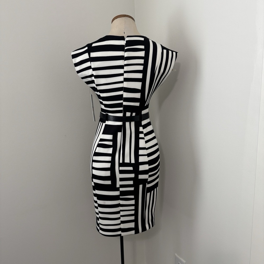 New CALVIN KLEIN 2 Petite Black White Cap Sleeve Scuba Sheath Midi Dress Belt - Picture 2 of 10